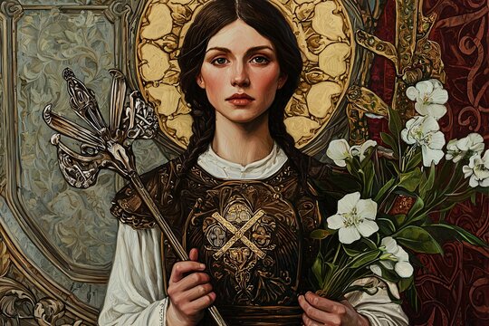 Saint Agatha is portrayed in a timeless artistic style, grasping her emblems of faith and resilience against a richly detailed historical setting.