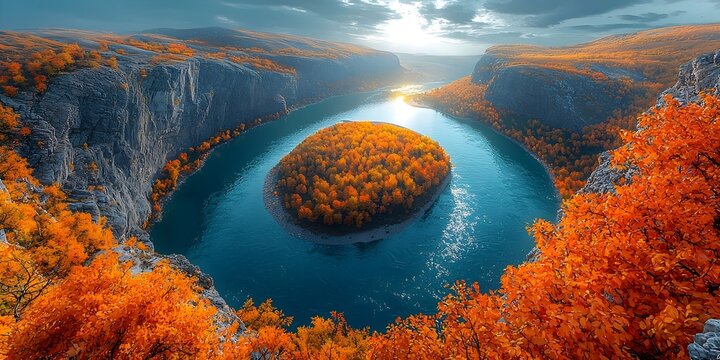 A breathtaking aerial view of a river meandering through autumn foliage, with vibrant orange and yellow trees surrounding a serene island in the water.