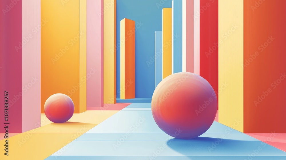 Poster abstract 3d minimalist with colorful shapes and spheres.
