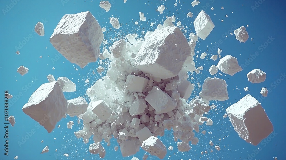 Poster exploding white cubes against blue sky abstract background image