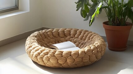 Fototapeta premium Cozy Natural Fiber Pet Bed with Book and Plant