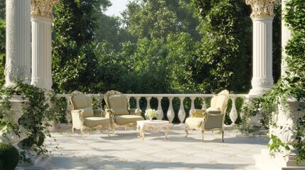 Fototapeta premium Serene Outdoor Terrace with Vintage Furniture and Lush Greenery for Stylish Nature Retreat