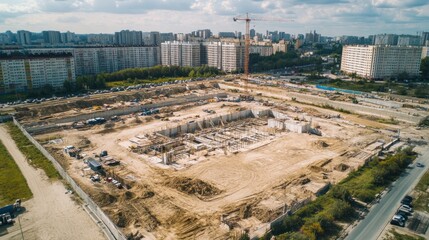 Aerial view of a construction site with a crane and unfinished building.