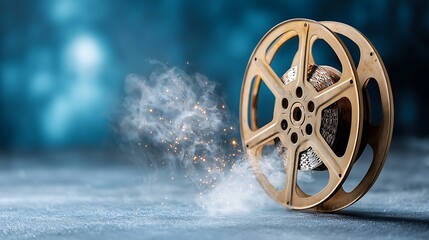 Obraz premium A beautifully preserved vintage film reel, showcasing a timeless design with intricate details and a rich patina, evokes a sense of nostalgia for the golden age of cinema