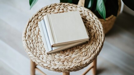 Obraz premium Minimalist Stack of Books on Woven Stool