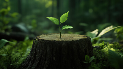 Green sapling growing out of a tree stump in a forest.