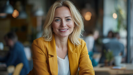 Obraz premium Portrait of an attractive blonde woman in her late thirties with a yellow jacket and jeans.
