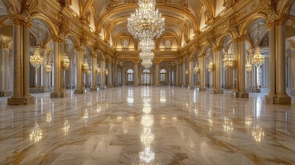 Fototapeta premium Opulent Grand Ballroom with Marble Floors, Gilded Accents, and Crystal Chandeliers for Lavish SoirÃ©e of Old Money Elite