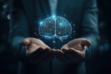 A professional presents a futuristic digital brain with glowing nodes, symbolizing artificial intelligence, innovation, and technological advancement.