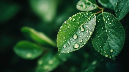 Close-up of dew drops on green leaves in a lush forest.