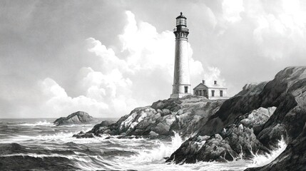 A tall lighthouse stands on a rocky cliff overlooking a stormy sea. The lighthouse is a beacon of hope and guidance in the face of adversity.