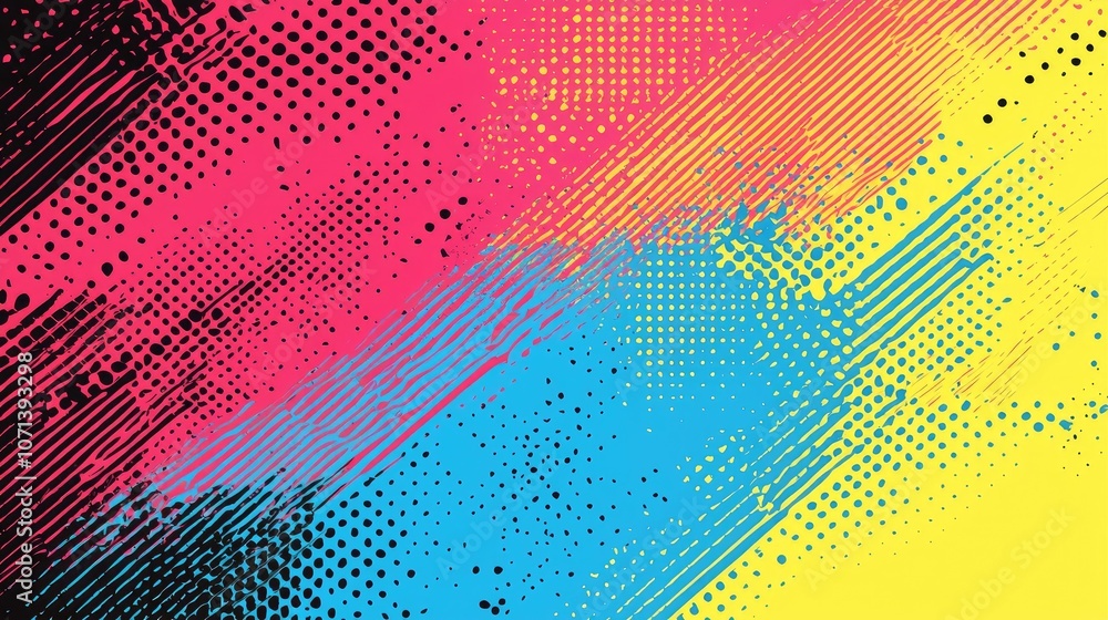 Poster abstract colorful background with diagonal lines, halftone dots and grunge textures.