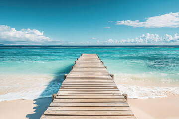 Obraz premium Tranquil scene with a weathered pier leading to the crystal clear ocean. Ideal for travel, vacation, and relaxation themes.