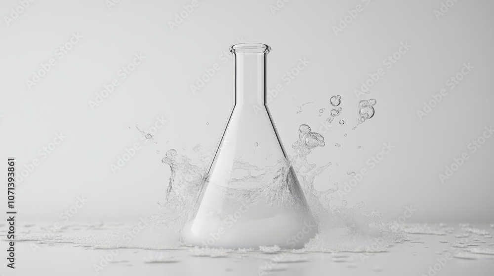 Poster liquid alchemy: erlenmeyer flask splash. a pristine erlenmeyer flask sits in a pool of water, with a