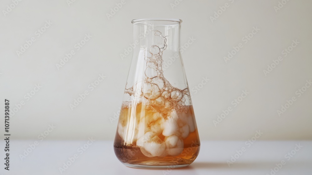Aufkleber erlenmeyer flask with reaction: close-up of an erlenmeyer flask containing a bubbling amber liquid, 
