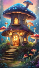 Fototapeta premium A whimsical illustration of a cozy house built inside a giant mushroom, surrounded by a magical forest with glowing lights and smaller mushrooms.