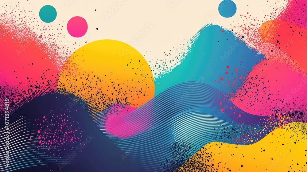 Poster abstract colorful background with wavy lines and dots.