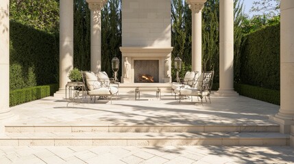 Luxurious Outdoor Lounge with Vintage Seating and Fireplace for sophisticated gatherings under the stars