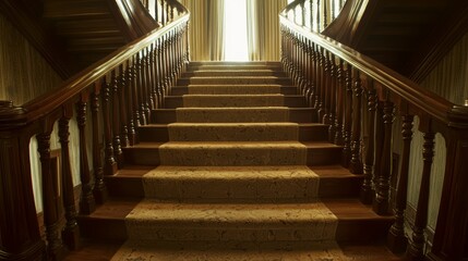 Fototapeta premium Majestic Grand Staircase in Old Money Home with Plush Runner, Rich Wood Banister, and Vintage Artwork as Stunning Focal Point