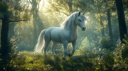 White Horse in Enchanted Forest with Sunlit Trees