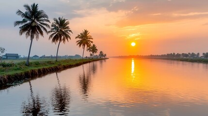 The tranquil sunset over a Kerala village canal paints a mesmerizing picture, with the golden hues of the setting sun reflecting off the calm waters, creating a serene and picturesque scene