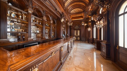 Obraz premium Elegant Old Money Home Bar with Vintage Glassware and Polished Wood Shelves for Sophisticated Entertaining Atmosphere