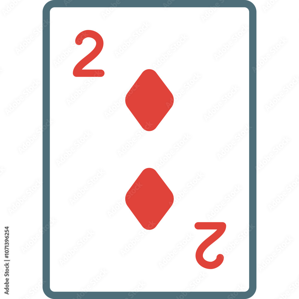 Poster playing card displaying the two of diamonds as the focus on a white background with a simple border 