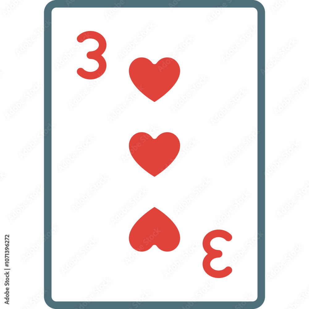 Poster three of hearts playing card displayed against a plain background, featuring three red hearts and th