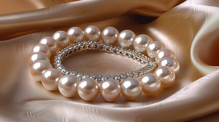 Pearl and diamond bracelet displayed on a luxurious silk background.