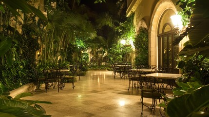 Obraz premium Classic Elegance in Outdoor Patio with Vintage Wrought Iron Furniture and Lush Greenery for Evening Gatherings