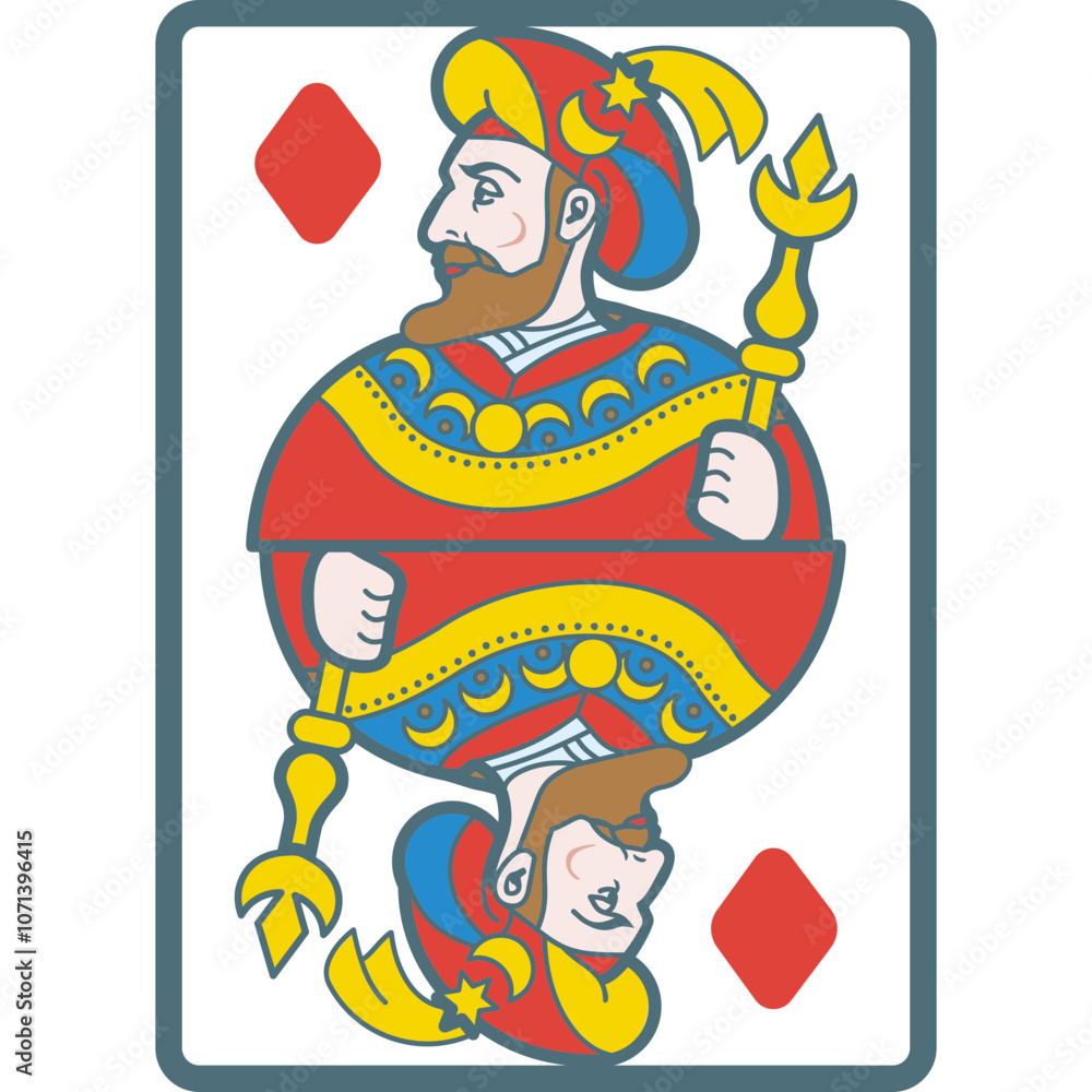Poster playing card display featuring a royal figure with a staff and intricate patterns