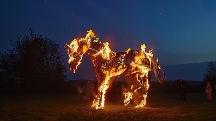 Fototapeta premium Fire Horse - a powerful and dynamic visual. The fiery depiction of the horse embodies strength and energy, creating an intense and captivating scene.