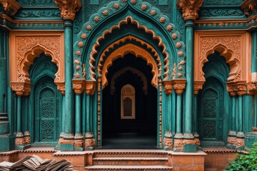 Obraz premium Teal Orange Architectural Entrance Intricate Indo Islamic Design