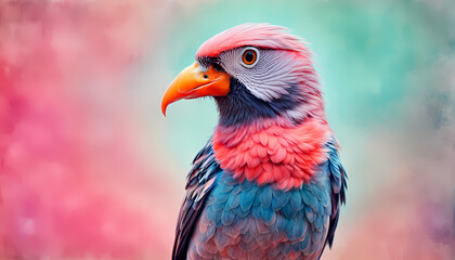 Fototapeta premium Gezeichneter Vogel mit einem farbigen Federkleid vor einem Abstrakten rötlichen Bokeh Hintergrund, oranger Schnabel