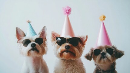 Adorable pets wearing party hats and sunglasses, set against a white background, ready for a festive celebration.