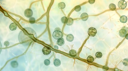 Close-up of microscope slide revealing intricate fungal spores, essential for research on fungal diseases and microbiology studies.