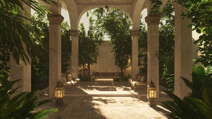 Obraz premium Elegant Evening Oasis: Chic Patio with Vintage Lanterns, Cozy Seating, and Lush Greenery | Old Money Aesthetics Inspired Outdoor Setting