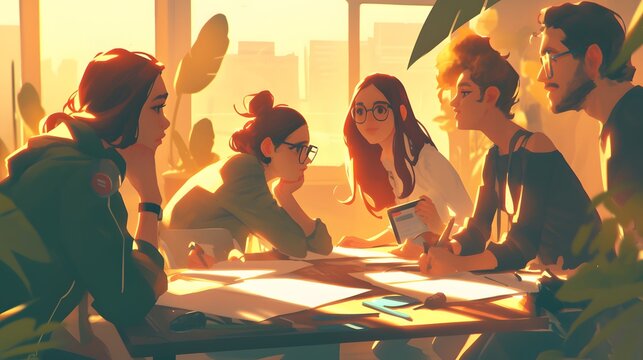 Group of friends brainstorming and working together, representing teamwork and a sense of community in a soft, lofi style.