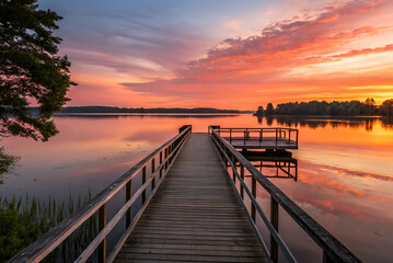Fototapeta premium A tranquil sunset scene over a calm lake, with a wooden pier extending into the water, surrounded by trees and vibrant sky colors.