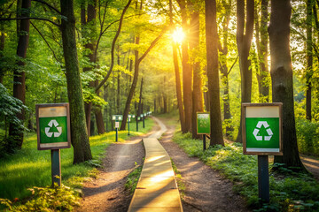A sunlit forest path lined with recycling signs, promoting environmental awareness in a lush, green setting.