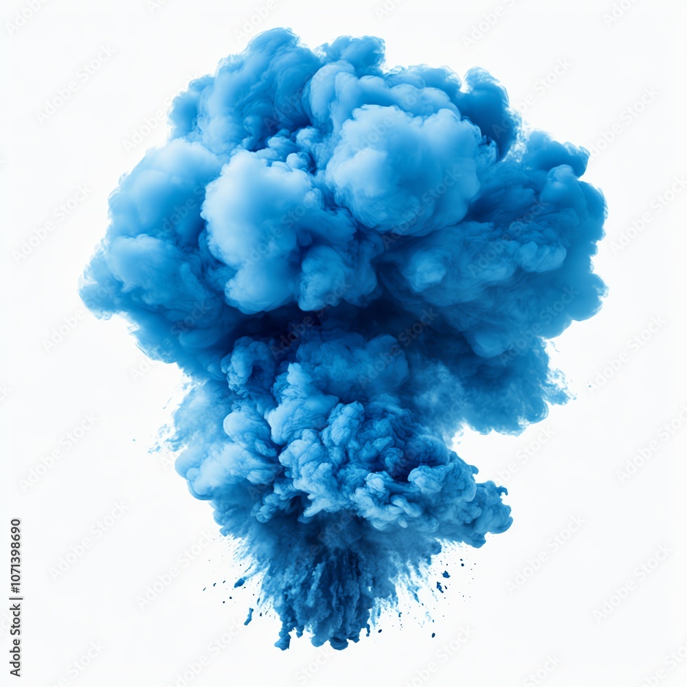 Poster a vibrant blue cloud of ink explodes against a white background, creating an abstract and dynamic co