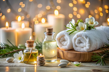 Description:**  
A serene spa setup featuring essential oils, candles, white towels, and delicate flowers, creating a relaxing ambiance.