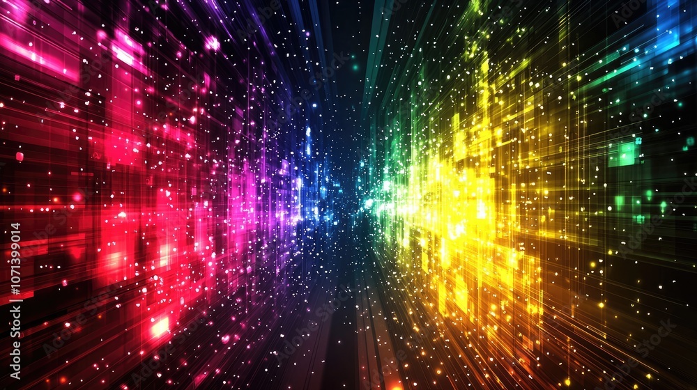 Poster abstract colorful light trails and particles.
