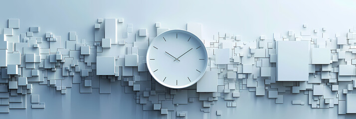 A white clock with black hands hangs against a wall of white 3D squares.