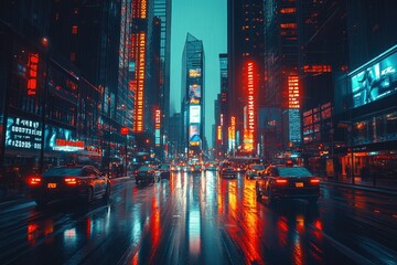 Fototapeta premium A rainy night in the city with tall buildings and neon signs reflecting in the wet asphalt.