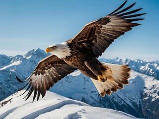 Bald Eagle Soaring Above Snowy Mountain Peaks