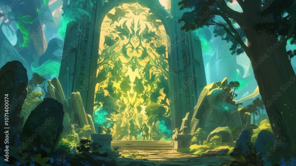 Poster a shimmering stone archway adorned with glowing symbols and pulsing with otherworldly energy beckons