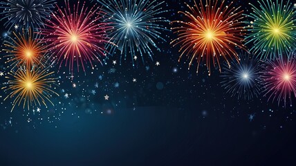 Fototapeta premium Fireworks on blue background with stars and space for text
