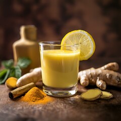 Ginger and Turmeric Wellness Shot with Lemon Slice - Natural Health Boost