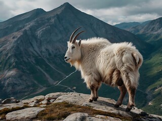 Obraz premium Mountain Goat Standing on a Rocky Ridge with a Mountainous Background